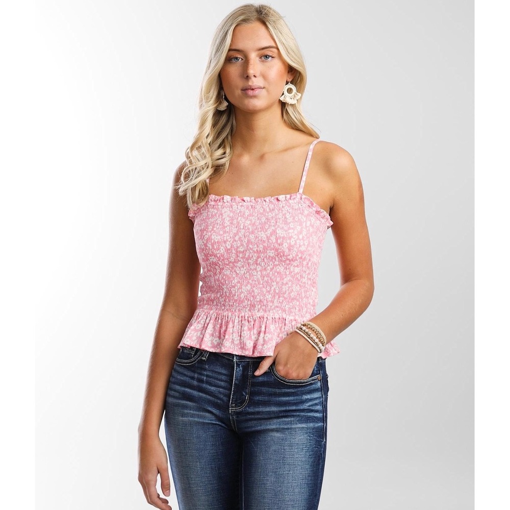 BillabongKeep Your Cool Pink‎ Floral Smocked Peplum Cami Tank Top Large